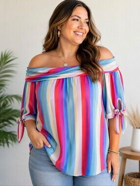 Espressa Rainbow Stripe Off Shoulder Tie Sleeve Blouse Plus Size 2X